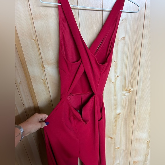 Plunge Neck Crisscross Back Red Jumpsuit - Picture 2 of 2